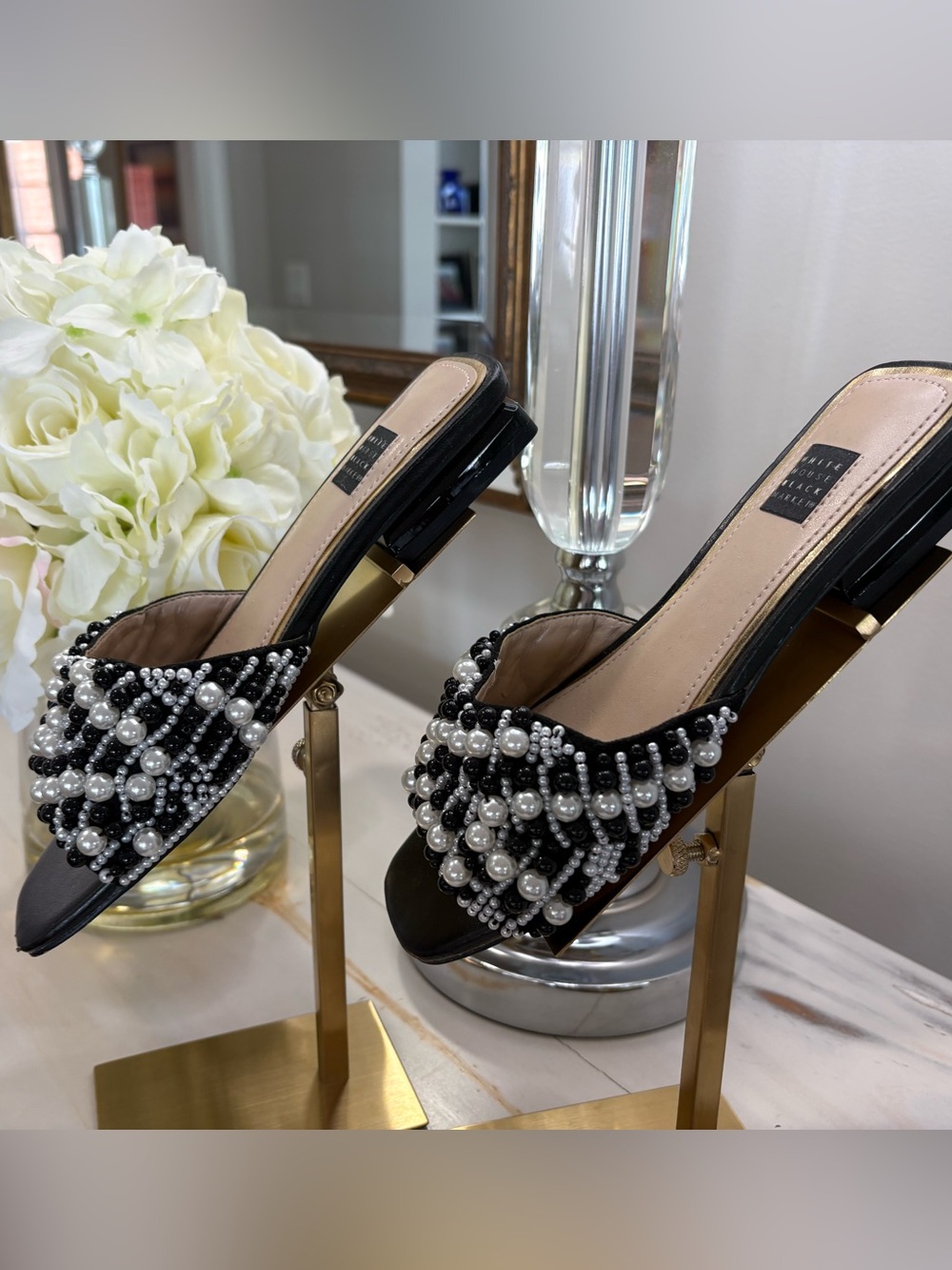 Black Pearl-Embellished Slide Mules - Women- size 5